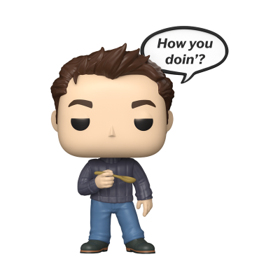 Figura Funko Pop com cabelo castanho e camisa azul escura com texto 'How you doin'?.
