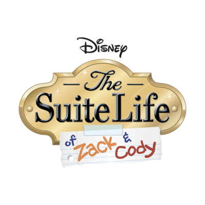Logo The Suite Life of Zack & Cody da Disney em dourado e papel branco com texto colorido