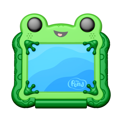 Moldura verde em formato de rã com olhos negros, sorriso e texto The Pond na tela azul