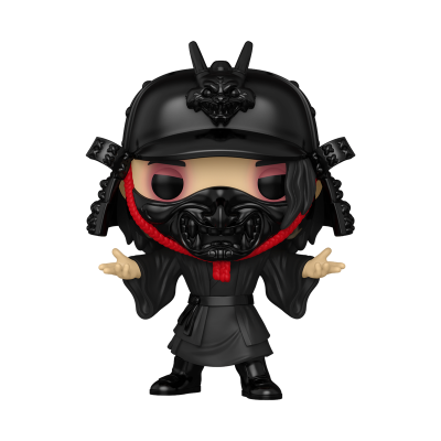 Figura Funko Pop de personagem com armadura e máscara samurai preta e vermelha.
