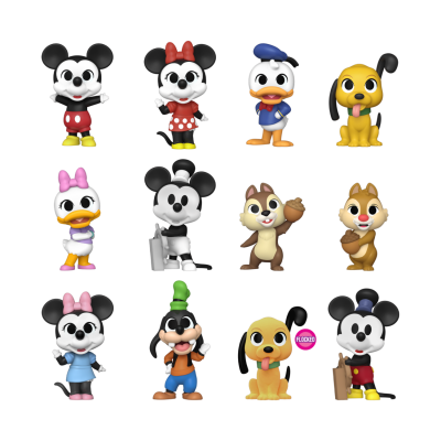Doze figuras colecionáveis de personagens da Disney em várias cores, sobre fundo branco