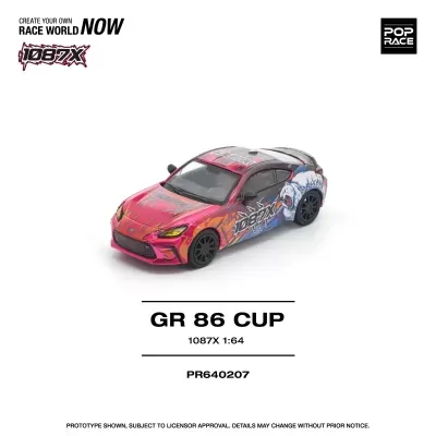 Miniatura de carro desportivo GR 86 CUP colorido com texto 1087X e urso nas laterais.