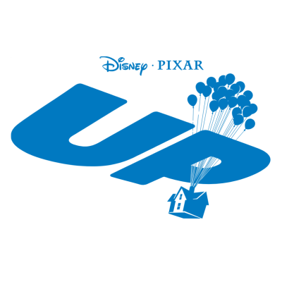 Logo azul Disney PIXAR com a palavra UP e uma casa suspensa por bexigas azuis