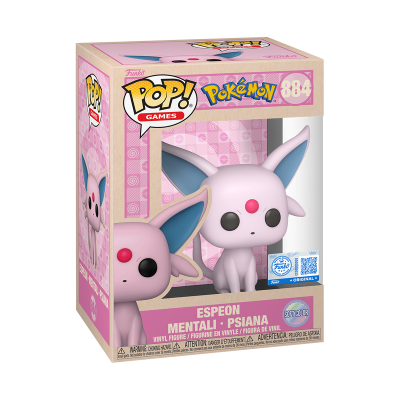 Figura Funko Pop Espeon Pokémon de vinil na caixa cor de rosa e janela transparente