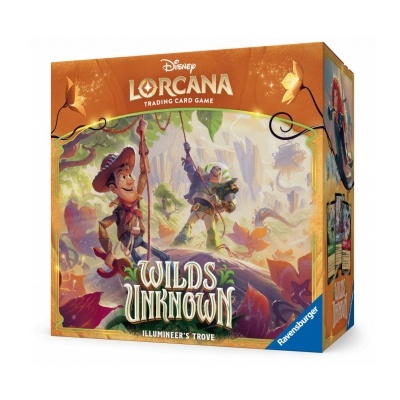 Caixa do jogo de cartas colecionáveis Disney Lorcana Wilds Unknown com ilustração colorida e logótipo Ravensburger.
