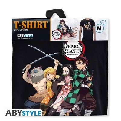 T-shirt preta Demon Slayer com personagens, embalagem ABYSTYLE, tamanho M