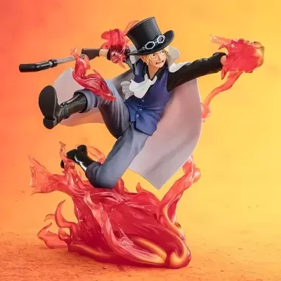 Figura colecionável de personagem de anime com chamas vermelhas e roupa azul e preta