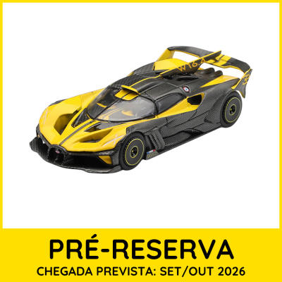 Miniatura de carro desportivo amarelo e preto em fundo branco com texto de pré-reserva