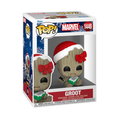 Boneco Funko Pop! Groot de Natal em embalagem com fundo azul