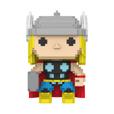 Figura de ação pixelada de personagem com capacete e martelo