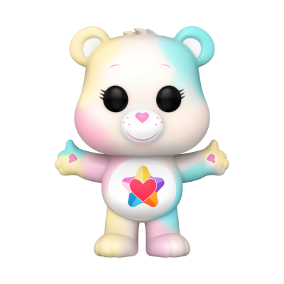 Figura de urso de plástico colorido em pastel com olhos grandes e coração na barriga