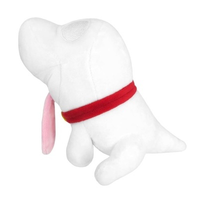 Pelúcia branca de cão com coleira vermelha e orelha rosa