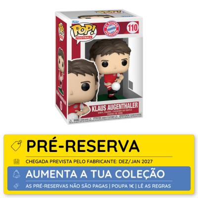 Figura em vinil Funko Pop! Klaus Augenthaler com fato vermelho FC Bayern München na embalagem.
