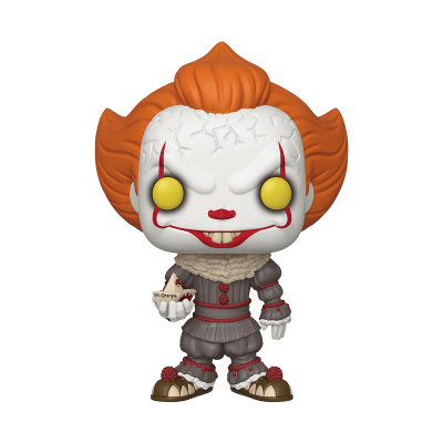 Figura Funko Pop do palhaço Pennywise com cabelo laranja e roupa cinzenta.