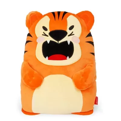 Almofada de peluche em forma de tigre laranja com expressão aberta e preta.