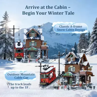 Modelos de cabines de neve em miniatura com teleférico e figuras diante de paisagem de montanha nevada