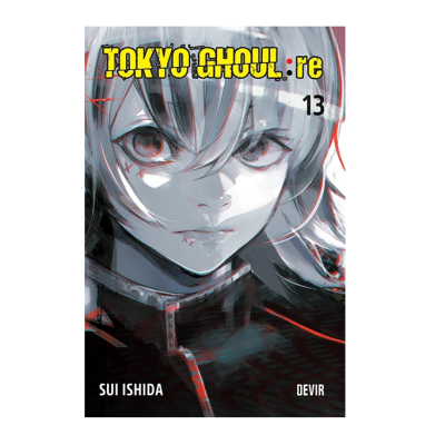 Capa do livro Tokyo Ghoul:re volume 13 com rosto feminino ilustrado em preto, branco e cinzento.