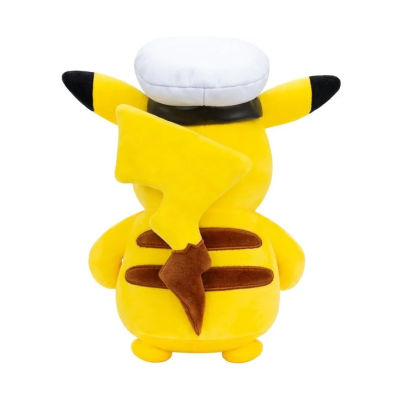 Pelúcia Pikachu com chapéu, vista de costas, fundo branco