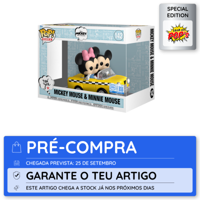 Funko Pop! Rides Mickey Mouse & Minnie Mouse no carro amarelo em caixa com selo especial e aviso de pré-compra
