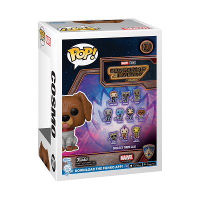 Embalagem Funko Pop de Cosmo dos Guardians of the Galaxy com texto e imagens da figura e personagens
