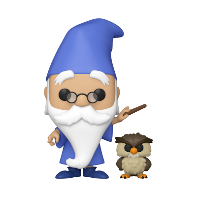 Figura colecionável de feiticeiro com chapéu azul e coruja