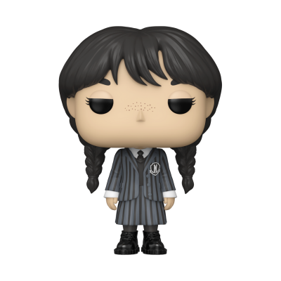Figura Funko Pop de Wednesday Addams com roupa riscada a cinzento e cabelo em tranças.