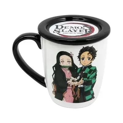 Caneca branca com pega preta e personagens de anime Demon Slayer