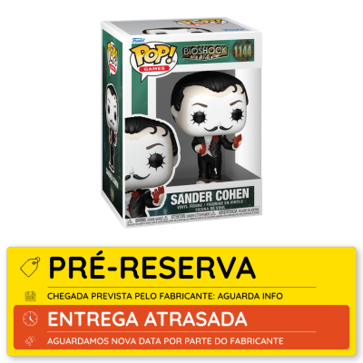 Figura Funko Pop! Sander Cohen Bioshock número 1144 em caixa com sinal amarelo de pré-reserva e entrega atrasada