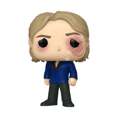 Figura de vinil Funko Pop loira com jaqueta azul e rosto enrugado