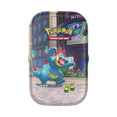 Estojo metálico Pokémon com ilustração do Pokémon Feraligatr no cenário urbano