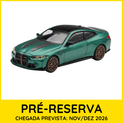 Miniatura de carro BMW verde metálico com jantes castanhas e texto de pré-reserva em fundo amarelo