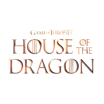 Texto GAME OF THRONES HOUSE OF THE DRAGON em letras metálicas castanhas no fundo branco.