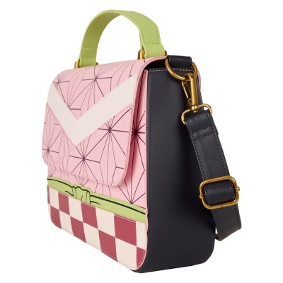 Mala de mão compacta com padrões geométricos rosa e quadros vermelhos