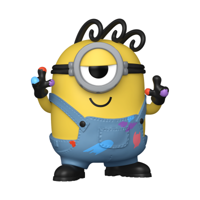 Boneco Minion amarelo com macacão azul e manchas de tinta colorida.