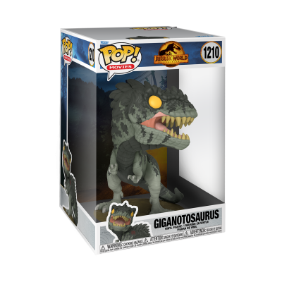 Funko Pop! Giganotosaurus Jurassic World número 1210 em embalagem com plástico transparente e caixa decorada