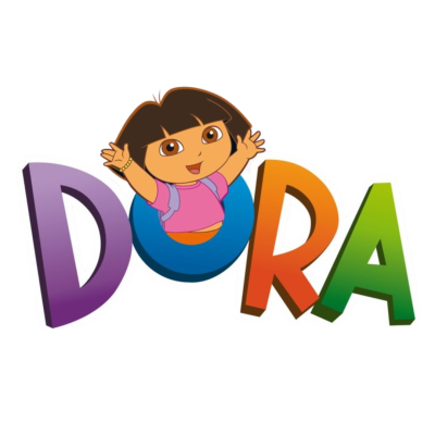 Personagem Dora animada com letras coloridas DORA