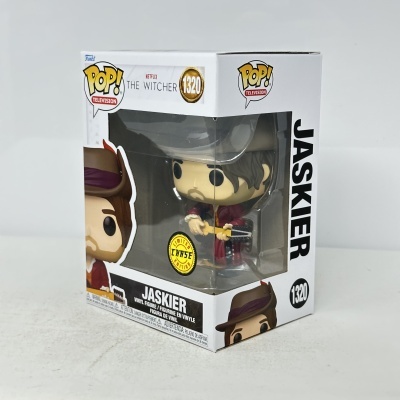 Figura Funko Pop! Jaskier da série The Witcher em embalagem branca com janela transparente.