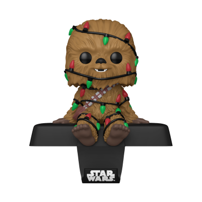 Figura Funko Pop do Chewbacca com luzes de natal numa base Star Wars