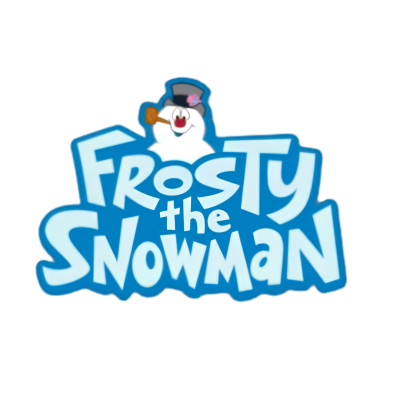 Logotipo Frosty the Snowman com boneco de neve e texto em azul e branco