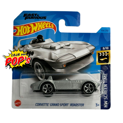 Miniatura Hot Wheels Corvette Grand Sport Roadster prateado em embalagem azul
