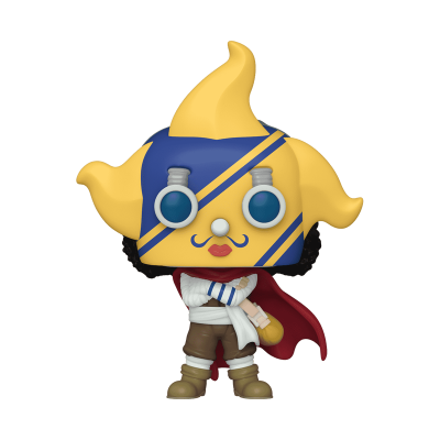 Figura colecionável com máscara amarela e azul e óculos redondos azuis