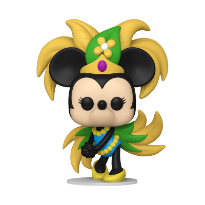 Figura Funko Pop! da Minnie Mouse com traje carnavalesco em cores verde, amarelo e roxo