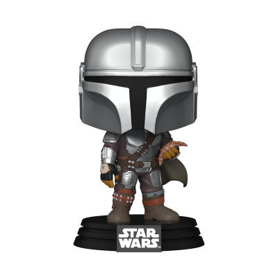 Figura Funko Pop Mandalorian de Star Wars com capacete prateado e armadura detalhada