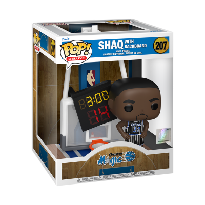 Figura Funko Pop Deluxe de Shaquille O'Neal com quadro de basquetebol, na caixa.