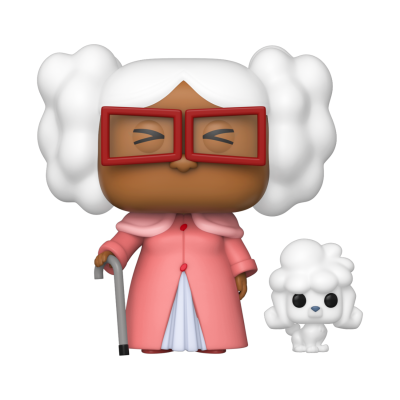 Figura Funko Pop de senhora com estafe e cão branco