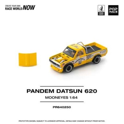 Miniatura de carro amarelo Pandem Datsun 620 com capô removível em fundo branco
