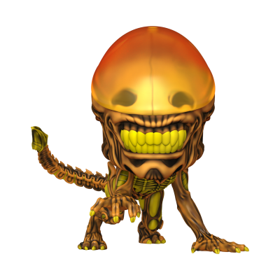 Figura alienígena estilizada com cabeça laranja e corpo castanho e amarelo