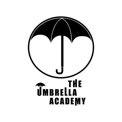 Logótipo preto e branco da The Umbrella Academy com guarda-chuva estilizado