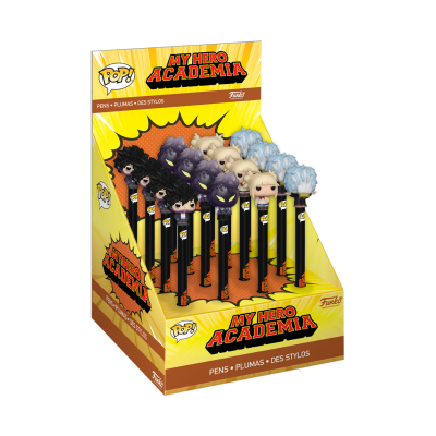 Expositor amarelo com canetas My Hero Academia da Funko com personagens na parte superior.