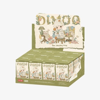 Expositor com caixas verdes e ilustração de personagem DIMOO e flores